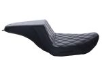 High-quality black motorcycle seat with diamond stitching for custom Revelry motorcycle builds.
