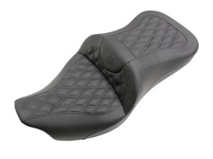Premium black leather motorcycle seat with quilted stitching for comfort and style.