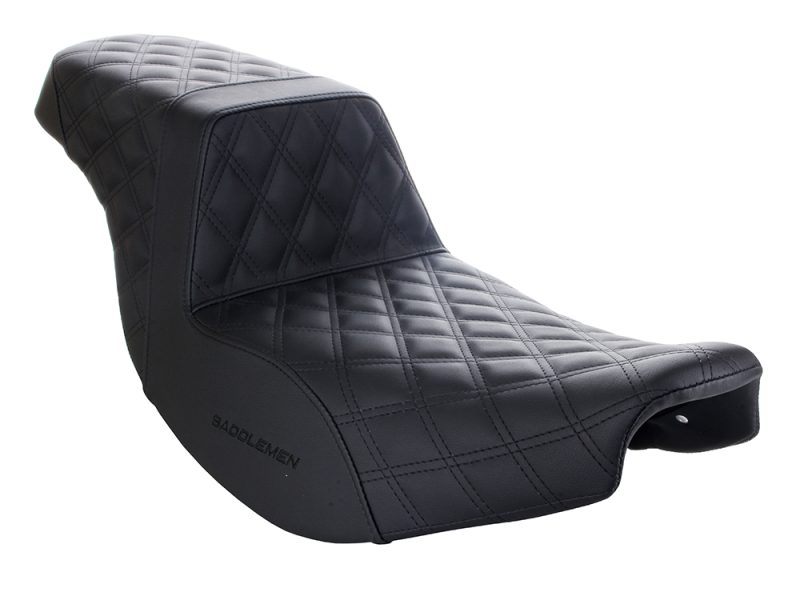 Step-Up LS Dual Seat with Black Double Diamond Lattice Stitch Front & Rear. Fits Indian Touring 2014up. Black quilted motorcycle seat for Revelry Motorcycles comfort and style.