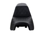 Black leather motorcycle seat with quilted diamond stitching for custom Harley bikes.