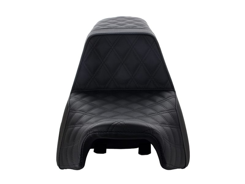 Black leather motorcycle seat with quilted diamond stitching for custom Harley bikes.
