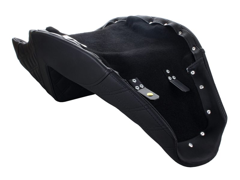 Comfortable black motorcycle saddle for Revelry Motorcycles riding experience.