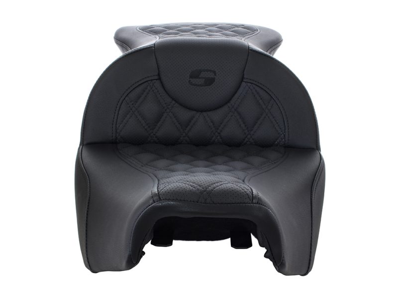 Black leather motorcycle passenger seat with quilted design for Revelry Motorcycles Australia.
