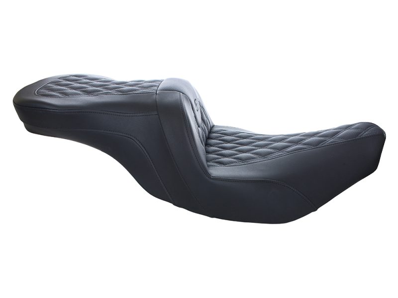 Comfortable black motorcycle seat with quilted leather detailing, designed for Revelry Motorcycles.