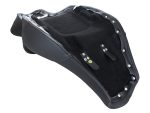 Black motorcycle seat with cushioning and durable leather upholstery for Revelry Motorcycles.