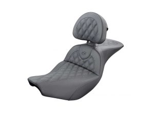 Premium grey motorcycle seat with quilted leather design for comfort and style.