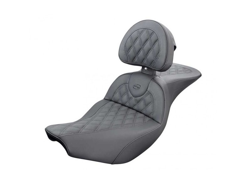 RoadSofa LS Dual Seat With Backrest & Black Double Diamond Lattice Stitch. Fits Indian Touring 2014up. Premium grey motorcycle seat with quilted leather design for comfort and style.