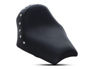 Black motorcycle seat with metal rivets for Revelry Motorcycles Australia.