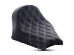 Comfortable black motorcycle seat with white quilted stitching, ideal for Revelry Motorcycles.