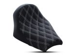 Comfortable black motorcycle seat with diamond quilt stitching, ideal for cruiser bikes.