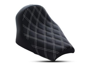 Comfortable black motorcycle seat with diamond quilt stitching, ideal for cruiser bikes.