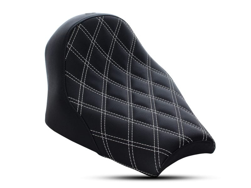 Comfortable black motorcycle seat with diamond quilt stitching, ideal for cruiser bikes.