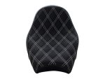 Black quilted motorcycle seat with white contrast stitching for Revelry Motorcycles.