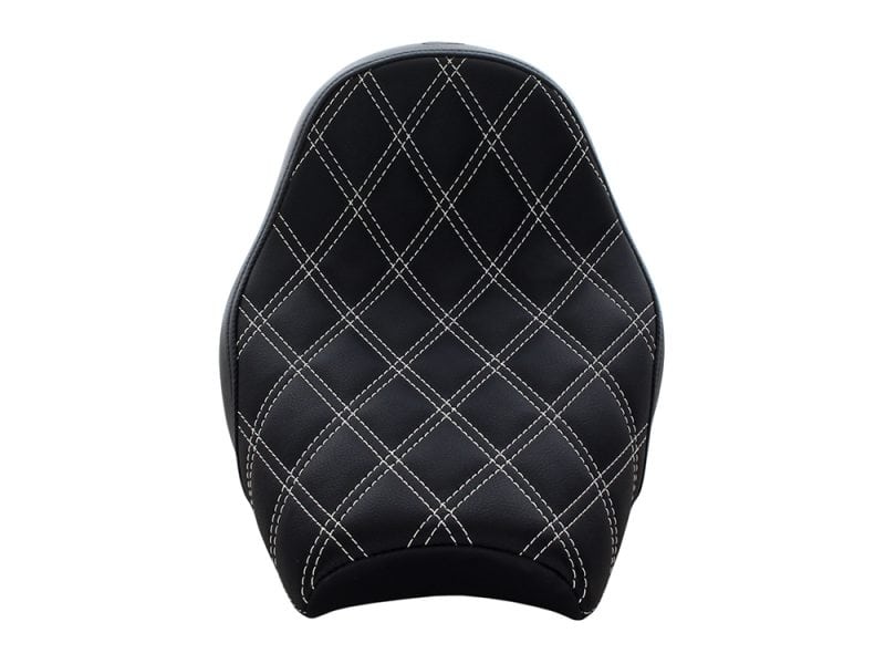 Black quilted motorcycle seat with white contrast stitching for Revelry Motorcycles.