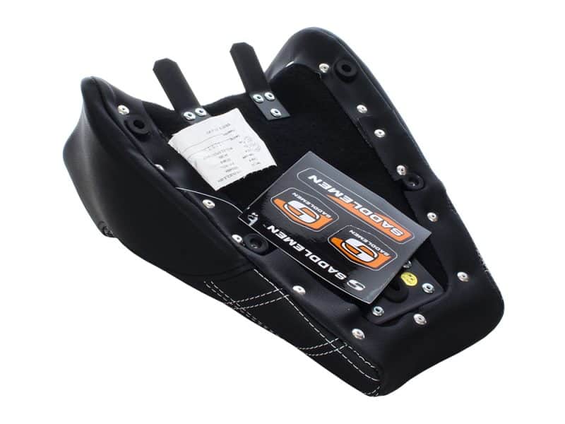 High-quality motorcycle saddle with durable leather and metal rivets for comfortable riding.