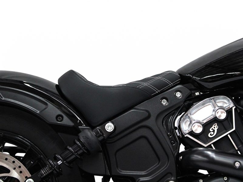 Stylish black motorcycle seat on Revelry Motorcycles custom bike, perfect for Australian bike enthusiasts.