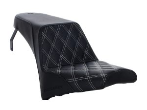 Comfortable motorcycle seat with stylish black leather and white diamond stitching for Revelry Motorcycles.
