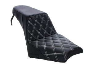 Black leather motorcycle seat with diamond quilting for custom motorbikes.