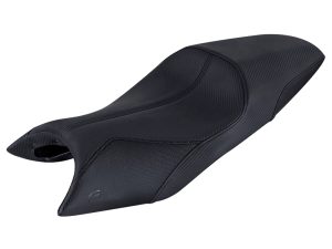 Sleek black motorcycle seat with textured finish for enhanced comfort and durability.