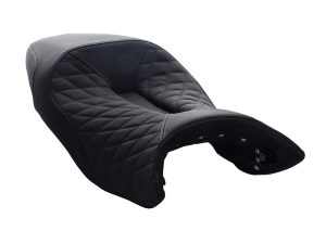 Premium black motorcycle seat with red stitching for Revelry motorcycles.