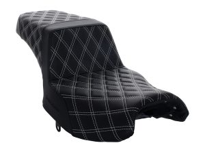 Stylish black quilted motorcycle seat with white stitching for Revelry Motorcycles.