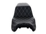 Black quilted motorcycle seat for Revelry Motorcycles, custom comfort for Australia bike enthusiasts.