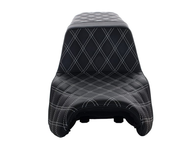 Black quilted motorcycle seat for Revelry Motorcycles, custom comfort for Australia bike enthusiasts.