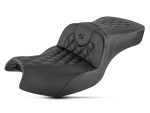 Premium black motorcycle seat with quilted leather design for comfort and style.