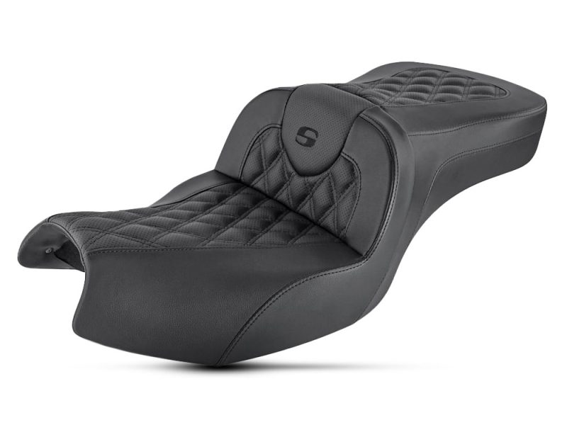 Premium black motorcycle seat with quilted leather design for comfort and style.