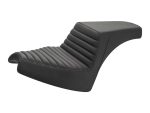 Black motorcycle seat with ribbed leather upholstery for Revelry Motorcycles.