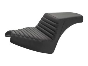 Black motorcycle seat with ribbed leather upholstery for Revelry Motorcycles.