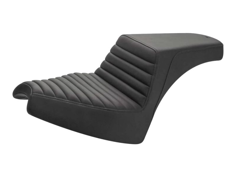 Black motorcycle seat with ribbed leather upholstery for Revelry Motorcycles.