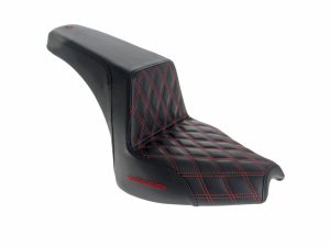 Comfortable black motorcycle passenger seat with red diamond stitching, ideal for Rebelry Motorcycles enthusiasts.