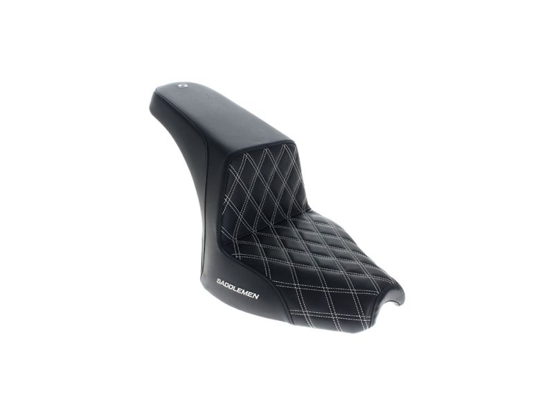 Step-Up LS Dual Seat with White Double Diamond Lattice Stitch. Fits Indian Cruiser 2022up Comfortable black motorcycle seat with diamond stitching for Harley Davidson bikes.