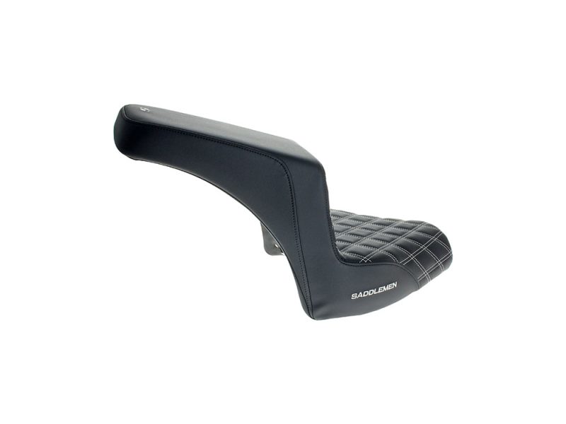 Comfortable black motorcycle passenger seat with quilted pattern for Harley Davidson bikes.