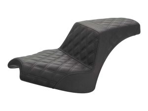 Solid black quilted motorcycle seat for Revelry Motorcycles, combines comfort with stylish design.