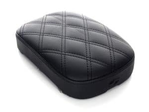 Black quilted motorcycle seat for Revelry Motorcycles, stylish and comfortable riding accessory.