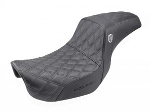 Leather motorcycle saddle with diamond stitching for Revelry Motorcycles.