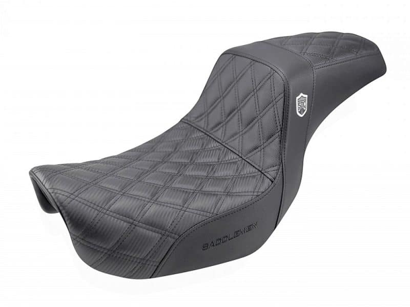 Leather motorcycle saddle with diamond stitching for Revelry Motorcycles.