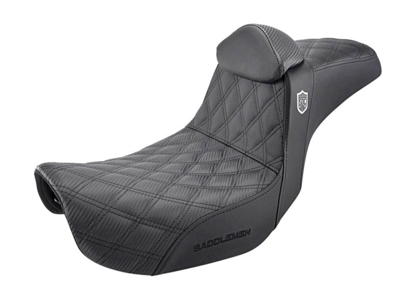 Pro Series San Diego Customs Performance Gripper Dual Seat with Backrest & Black Stitch. Fits Dyna 2006-2017 RevelryCycle Motorcycle Comfort Seat with Saddlemen branding, black, padded, for cruiser bikes.