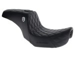 Premium black motorcycle seat with quilted stitching for Revelry Motorcycles.