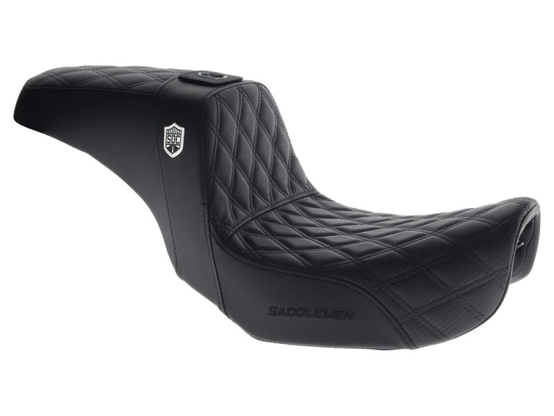 Premium black motorcycle seat with quilted stitching for Revelry Motorcycles.