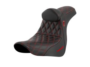 Saddlebags bike seat with red stitching and logo for motorcycle comfort and style.
