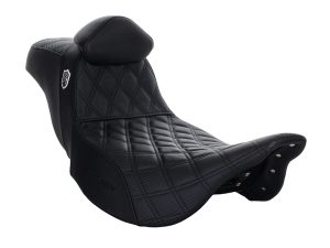 High-quality black leather motorcycle seat for Revelry Cycles customs and accessories.