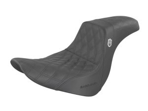 Soft black motorcycle seat with quilted design and Revelry logo for retro bike comfort and style.