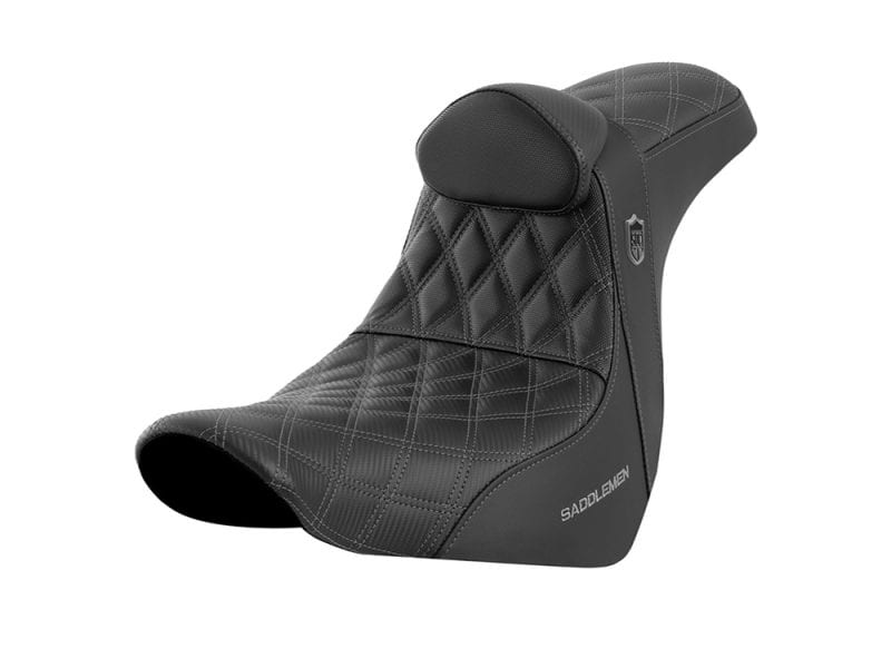 High-quality black leather motorcycle seat with diamond stitching for comfort and style. Perfect for cruiser and cafe racer bikes.