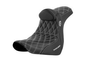 High-performance motorcycle seat with quilted black leather finish for Revelry Motorcycles.