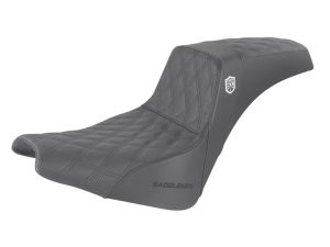 Diamond-stitched motorcycle seat with branding, designed for comfort and style.