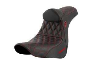 Premium black leather motorcycle saddle with red stitching and gel padding, designed for comfort and style.