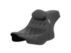 Rider seat for motorcycles with quilted black leather design and adjustable headrest.
